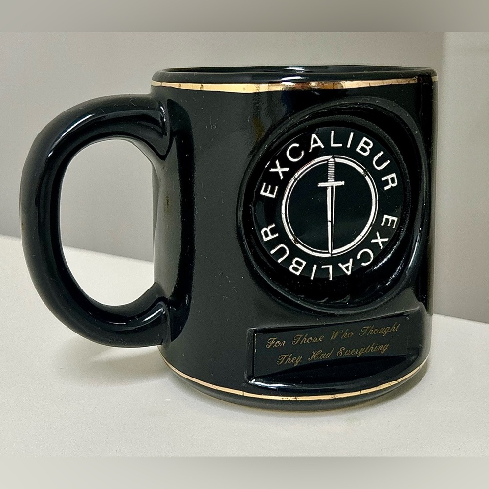Rare Vintage 24k Gold Trim Enameled Black Porcelain EXCALIBUR Car Coffee Mug